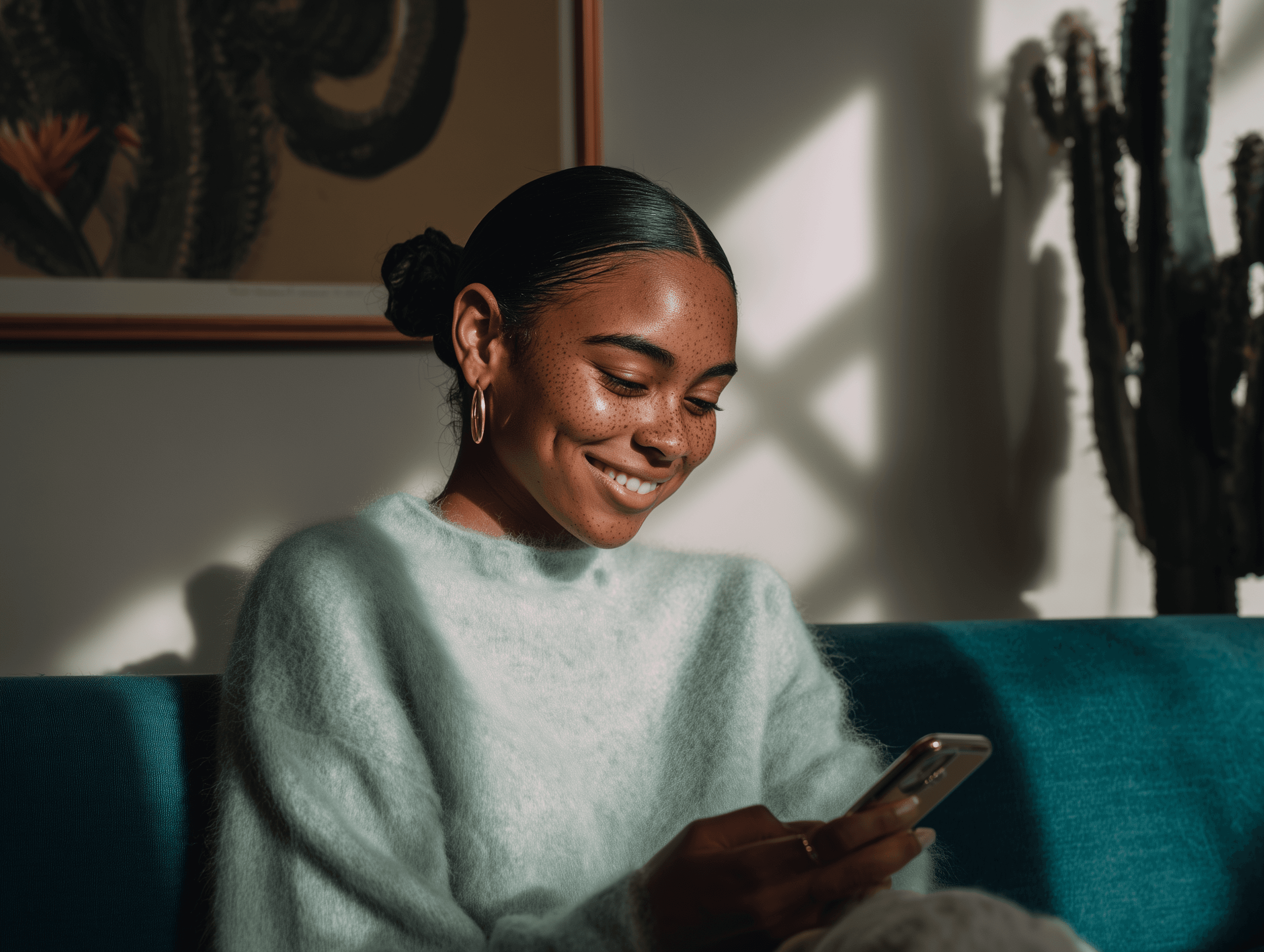 a woman smiling while looking at her phone
